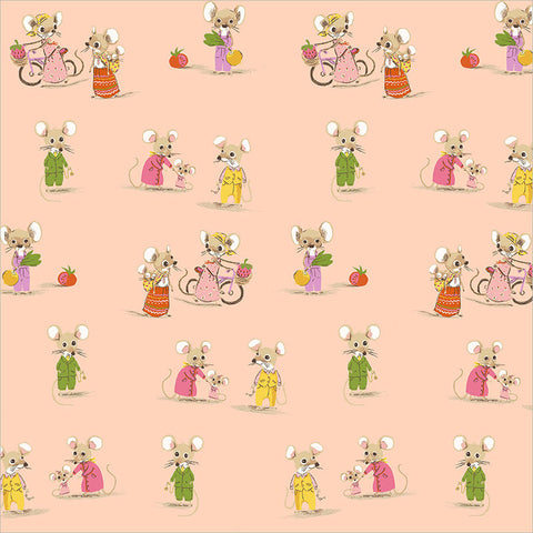 Pattern of illustrated mice in various outfits on a pink background