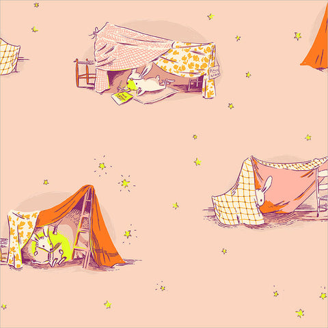 Illustrations of small tents with bunnies inside on a pink background