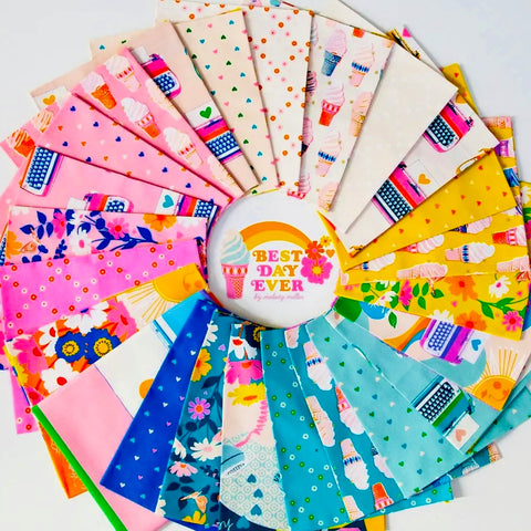 Collection of colorful fabric swatches with a 'Best Day Ever' button in the center.
