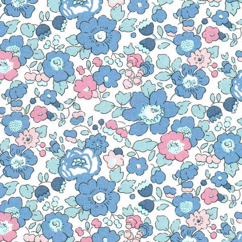 Pattern of blue and pink flowers on a white background