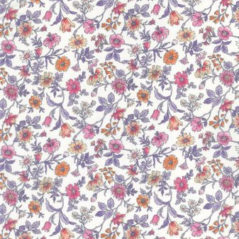 A repeating floral pattern on a white background, featuring small pink, orange, and purple flowers with green stems and leaves.