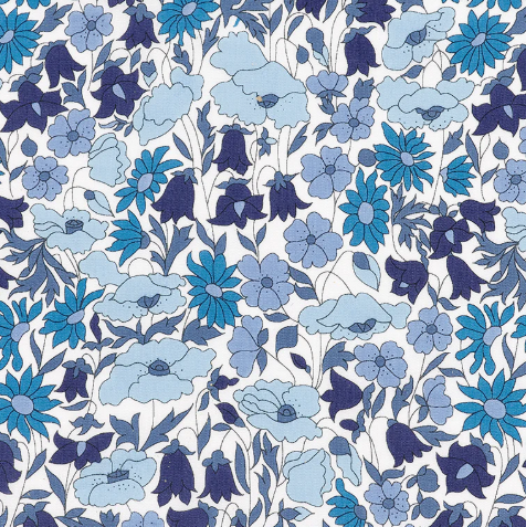 A repeating floral pattern featuring light blue, medium blue, and dark navy flowers on a white background.