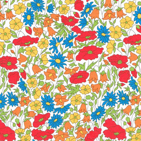 Colorful floral pattern with red, blue, yellow, and orange flowers on a white background.