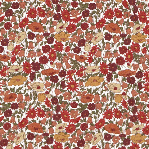 Pattern of red, orange, and brown flowers on a white background