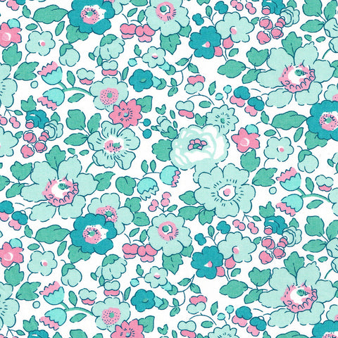 Floral pattern with blue and pink flowers on a white background