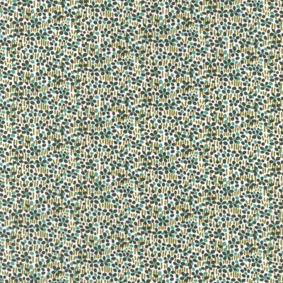 Textile pattern with small green and gold dots on a green background