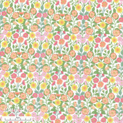 Floral pattern with pink, yellow, and green flowers on a white background