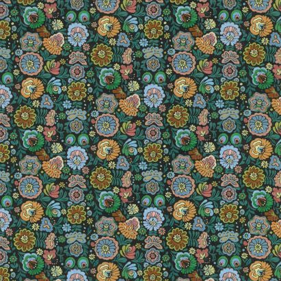 Patterned fabric with colorful flowers on a dark green background,