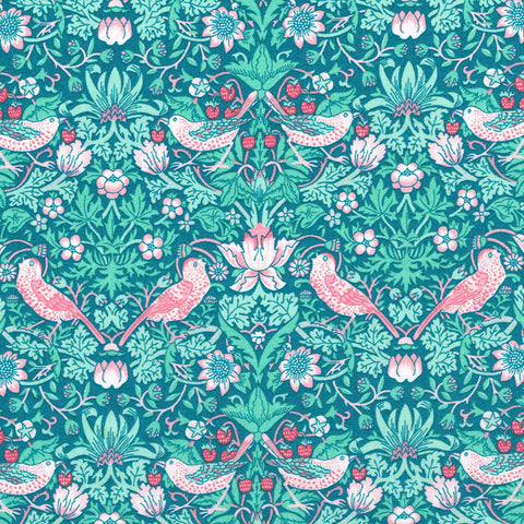 Pattern of birds and flowers on a teal background