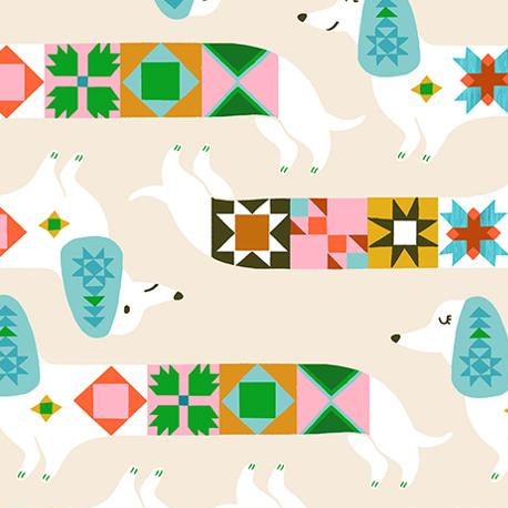 Patterned fabric with dogs and geometric shapes on a beige background,