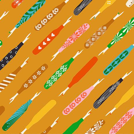 Pattern of colorful fabric swatches with various designs on a mustard yellow background
