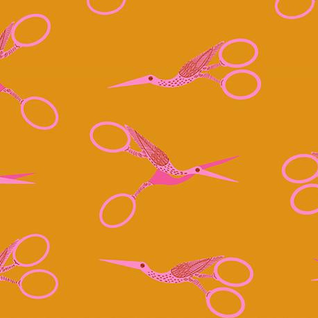 Pattern of pink scissors on a mustard yellow background with Ruby Star Society label.