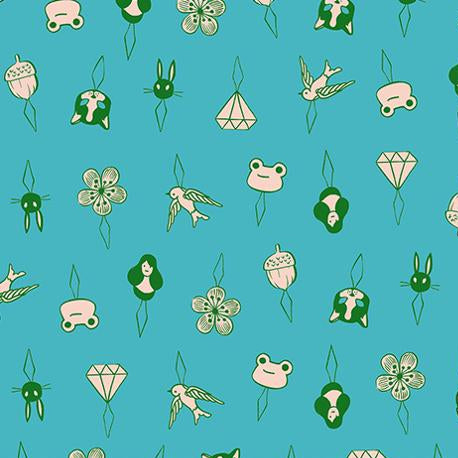 Patterned fabric with cartoon-like illustrations on a blue background,