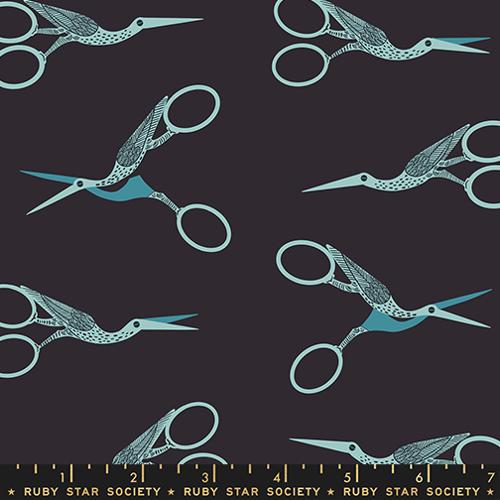 Pattern of scissors on a dark background with a ruler at the bottom, featuring 'Ruby Star Society' branding.