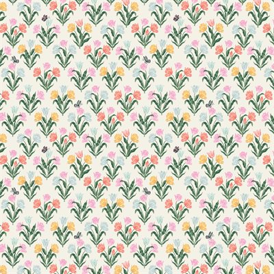 Pattern of small flowers and leaves on a light background