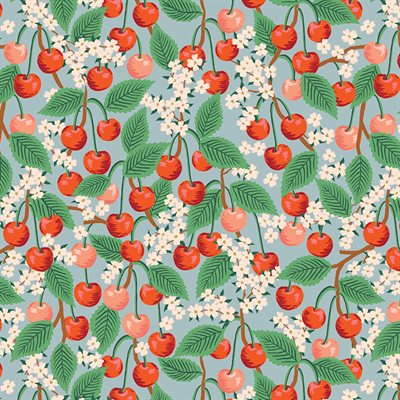 Cherry and leaf pattern on a light blue background