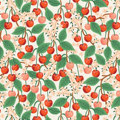 Pattern of cherries, leaves, and flowers on a light background