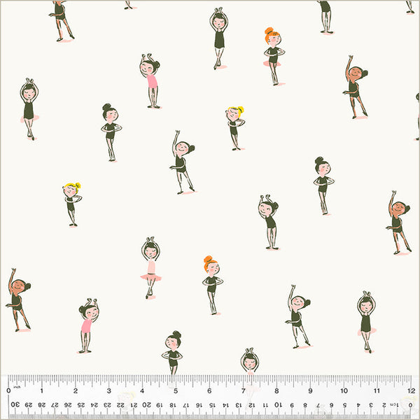 A repeating pattern of cartoon dancers in dark green and pink outfits on a warm off-white background, with a ruler along the bottom edge showing scale.
