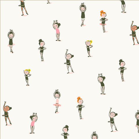 A repeating pattern of cartoon dancers in dark green and pink outfits on a warm off-white background, 