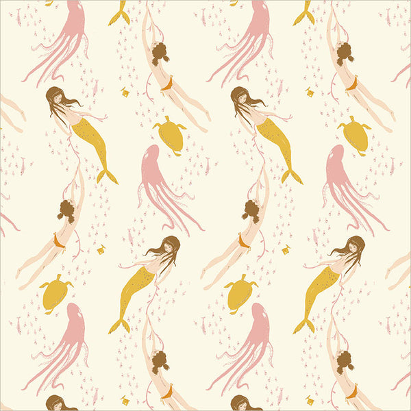 Pattern of mermaids and turtles on a light background