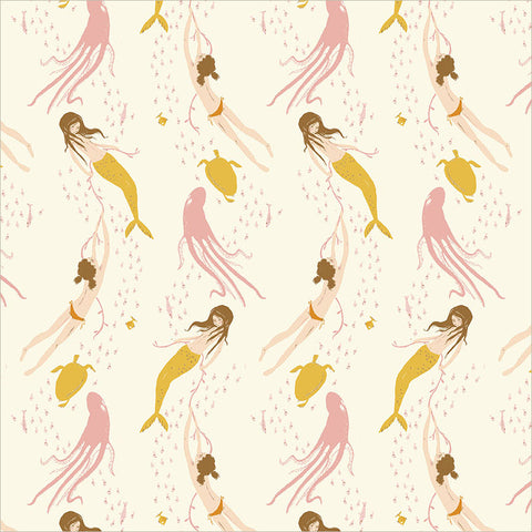 Pattern of mermaids and turtles on a light background