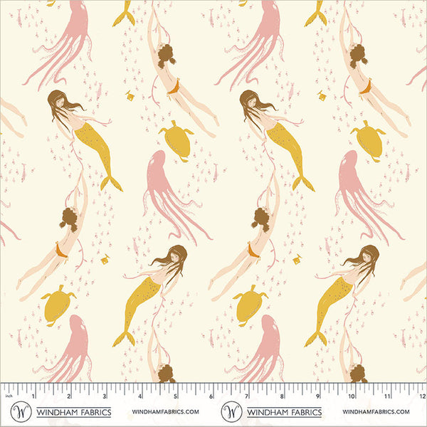 Pattern of mermaids and turtles on a light background with a ruler at the bottom.