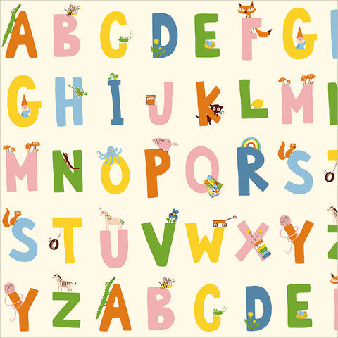 Colorful alphabet letters with small illustrations on a light background