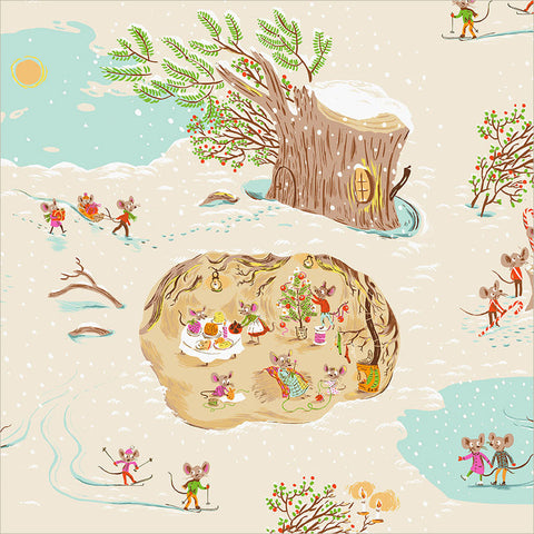 Illustration of mice in a snowy landscape with a tree stump house and a map showing a tea party scene.