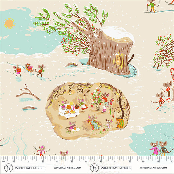 Illustration of mice in a snowy landscape with a tree stump house, trees, and a sun.