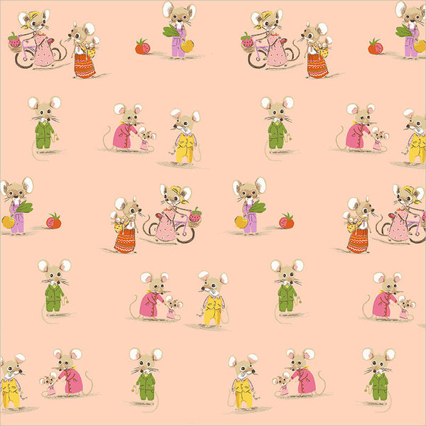 Pattern of illustrated mice in various outfits on a pink background