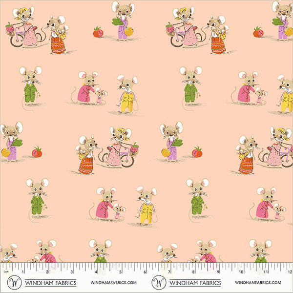 Pattern of illustrated mice in various outfits on a pink background with Windham Fabrics branding.