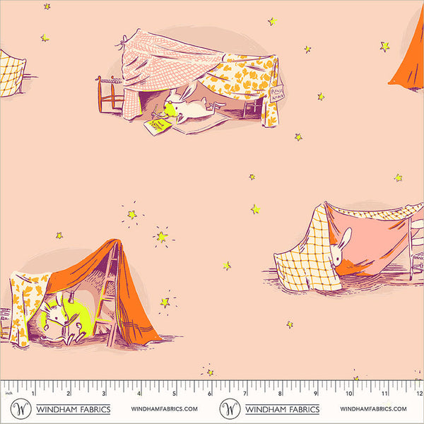Fabric pattern with cartoon tents and bunnies on a pink background, featuring Windham Fabrics branding.