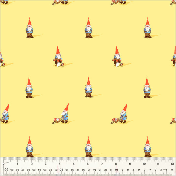 Pattern of cartoon gnomes on a yellow background with a ruler at the bottom.