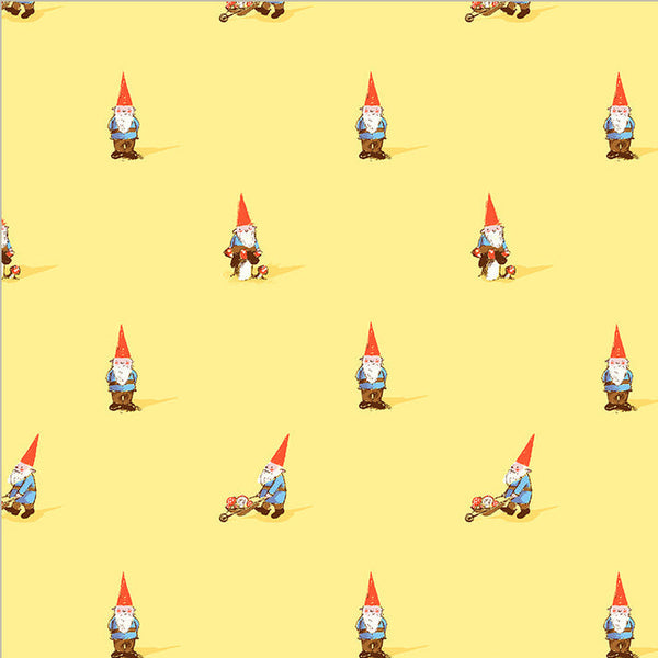 Pattern of cartoon gnomes on a yellow background 