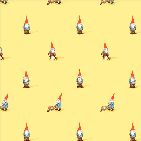 Pattern of cartoon gnomes on a yellow background 