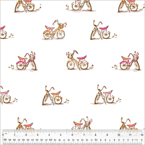 Pattern of small bicycles with pink seats on a white background, with a ruler at the bottom for scale.