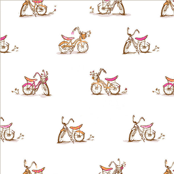 Pattern of small bicycles with pink seats on a white background