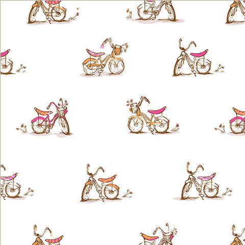 Pattern of small bicycles with pink seats on a white background