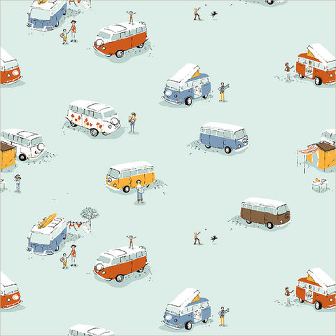 Pattern of vintage vans and people on a light blue background
