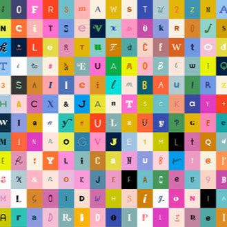 A grid of colorful letters and words from various fonts arranged in a pattern, predominantly in various shades of color.