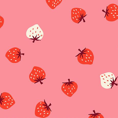 Pattern of strawberries on a pink background. Ruby Star Society Strawberry Fabric Canada.