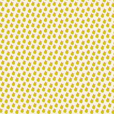 Pattern of green apples with red stems on a beige background