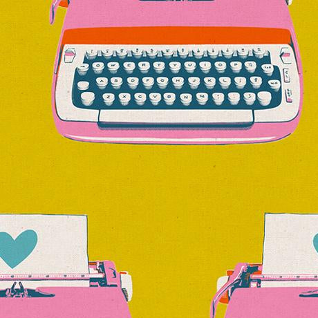 Pink typewriter illustration on a yellow background 