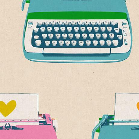 Illustration of a teal typewriter with a heart on a beige background