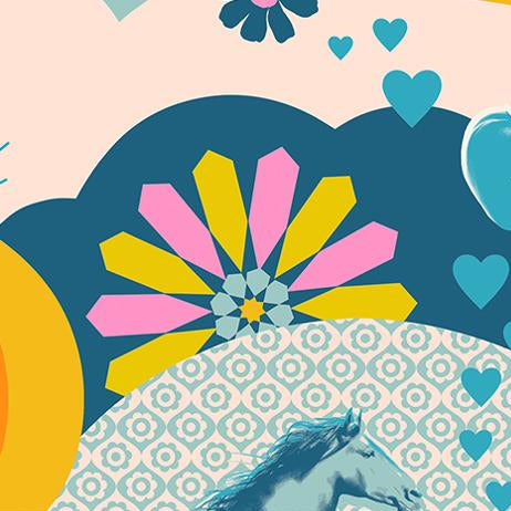 Fabric swatch with colorful patterns including flowers, hearts, and a horse.