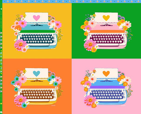 Four colorful squares with typewriters and floral decorations on a green border.
