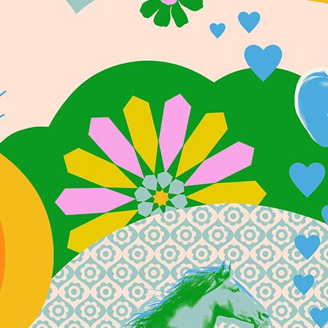 Colorful fabric pattern with geometric shapes and hearts on a beige background,