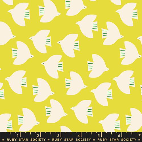 Pattern of white birds with green stripes on a yellow background, featuring a Ruby Star Society label.