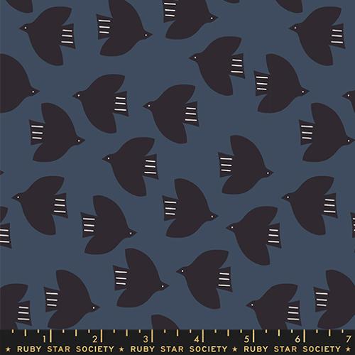 Pattern of black  birds on a blue background with Ruby Star Society label at the bottom.