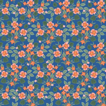 Floral pattern with orange flowers and green leaves on a blue background